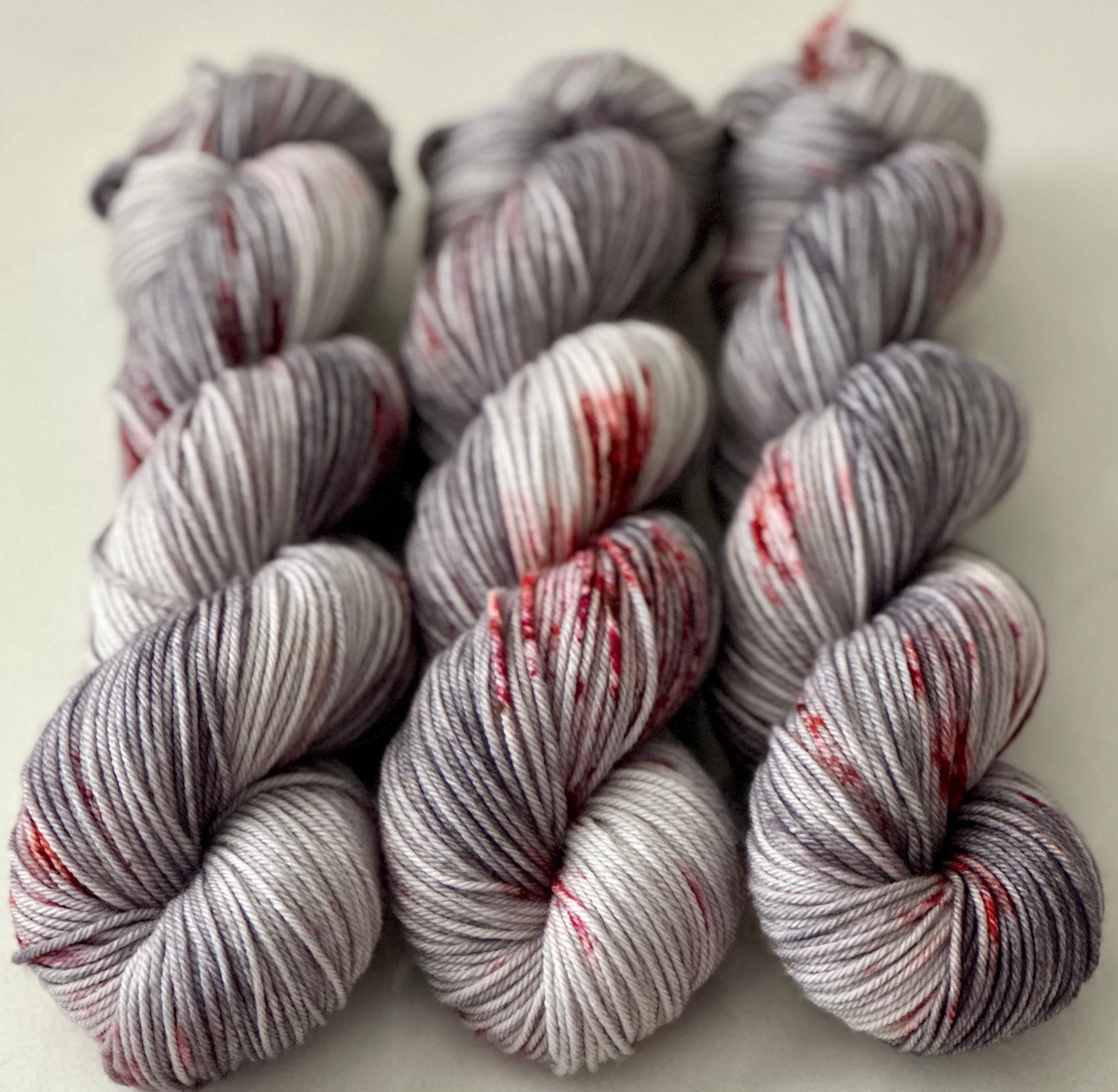 Hand Dyed Yarn "Splattered" Grey Silver Red Scarlet Wine Orange Chestnut Rust Speckled Merino Nylon DK Superwash 248yds 100g