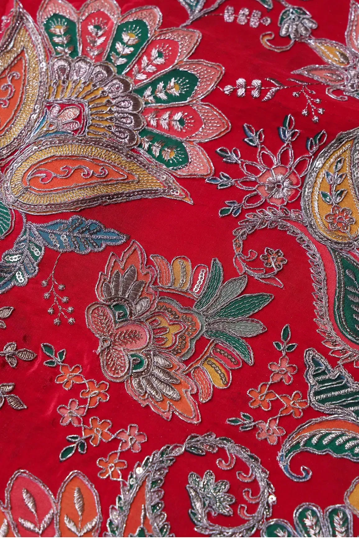 Heavy Gold Zari With Sequins Floral Embroidery On Red Crepe Fabric