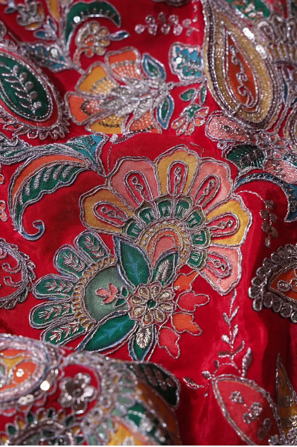 Heavy Gold Zari With Sequins Floral Embroidery On Red Crepe Fabric