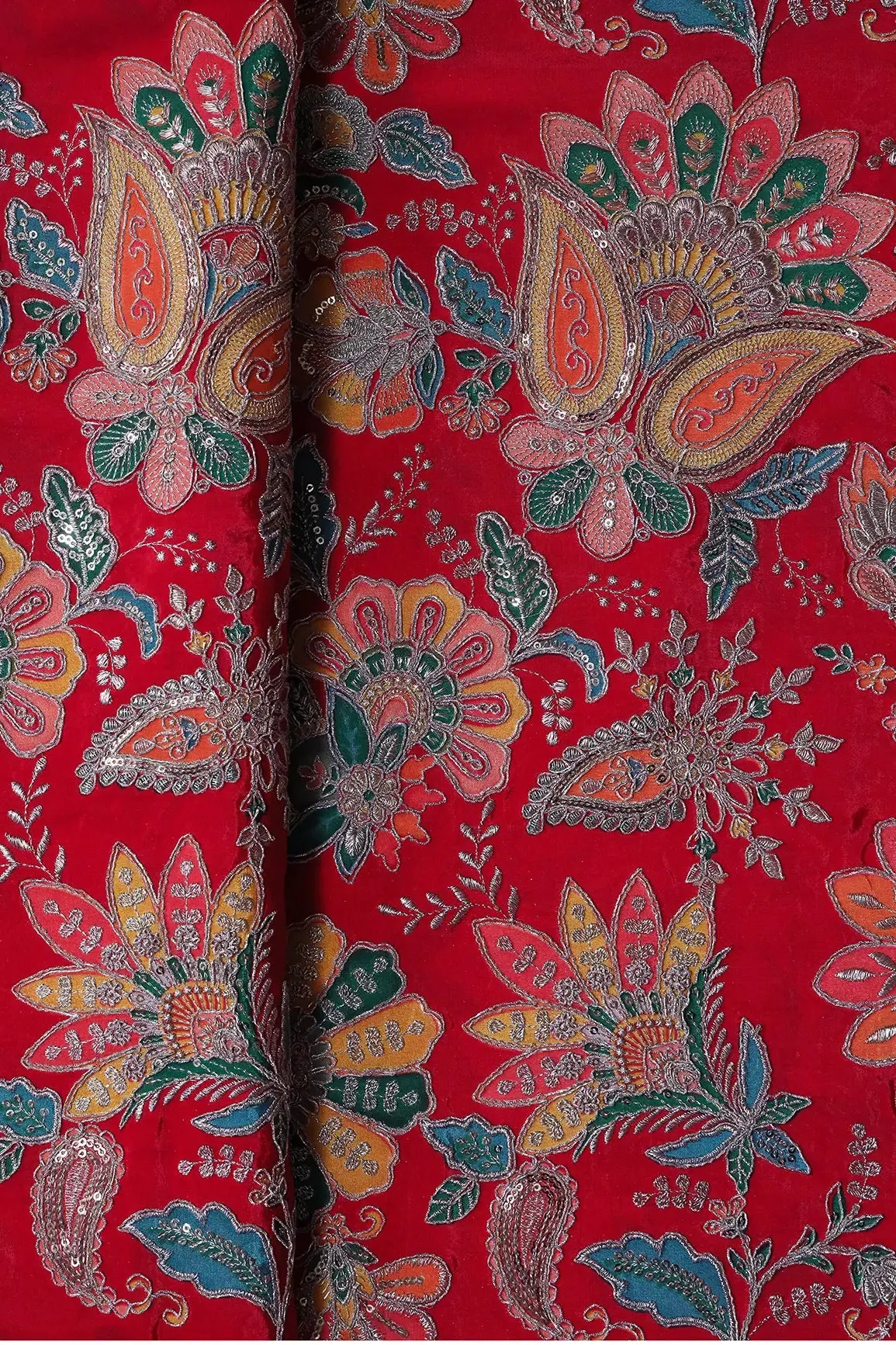 Heavy Gold Zari With Sequins Floral Embroidery On Red Crepe Fabric