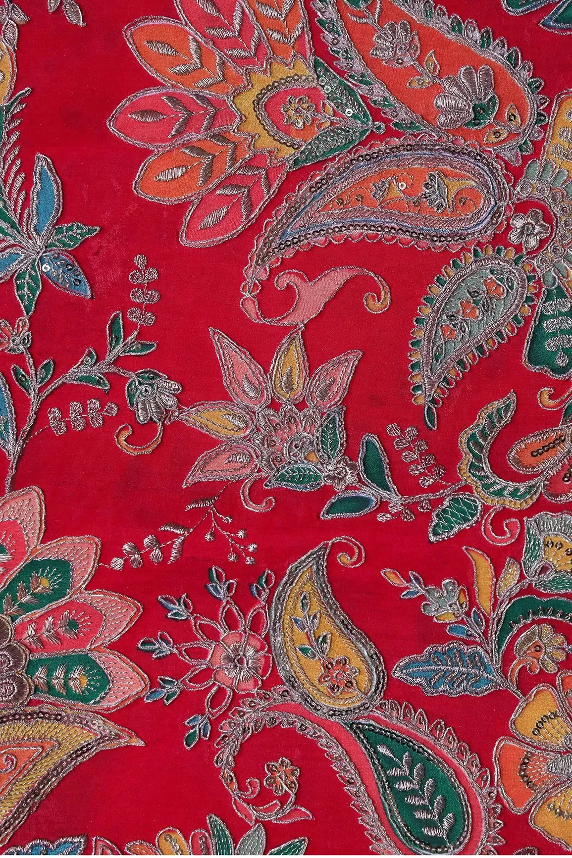 Heavy Gold Zari With Sequins Floral Embroidery On Red Crepe Fabric