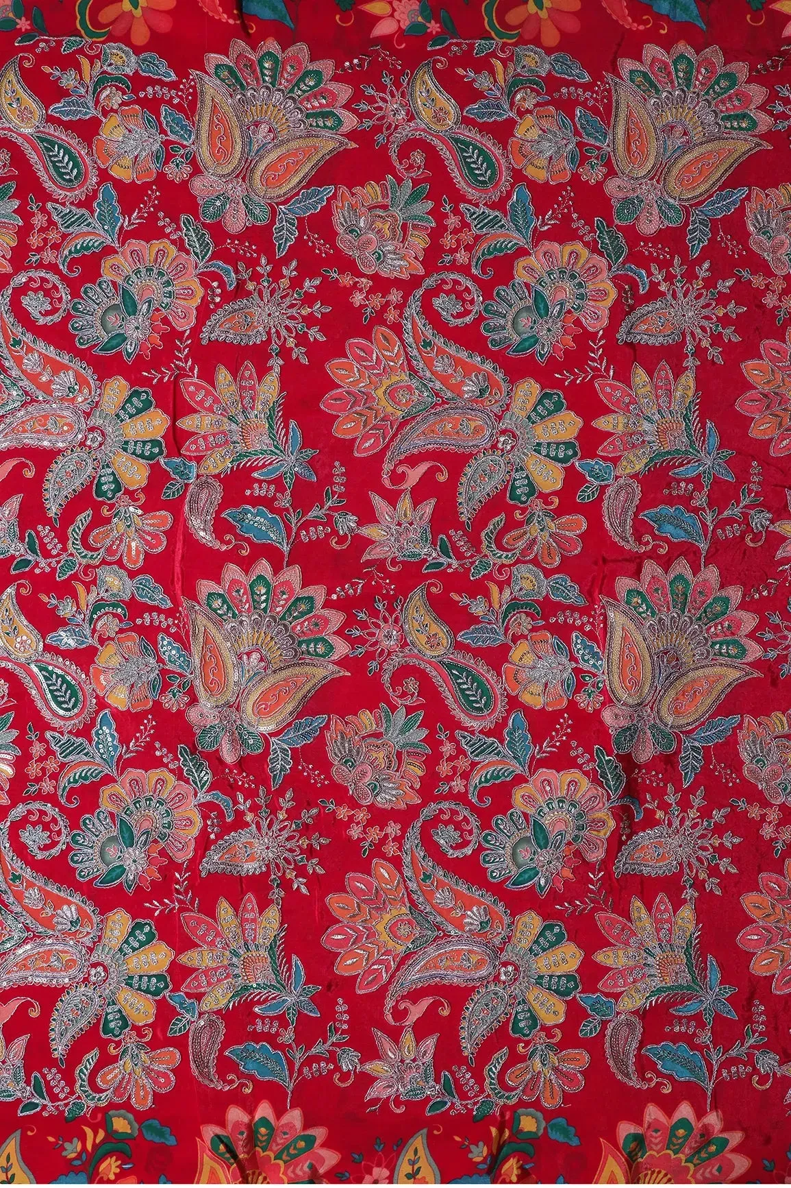 Heavy Gold Zari With Sequins Floral Embroidery On Red Crepe Fabric