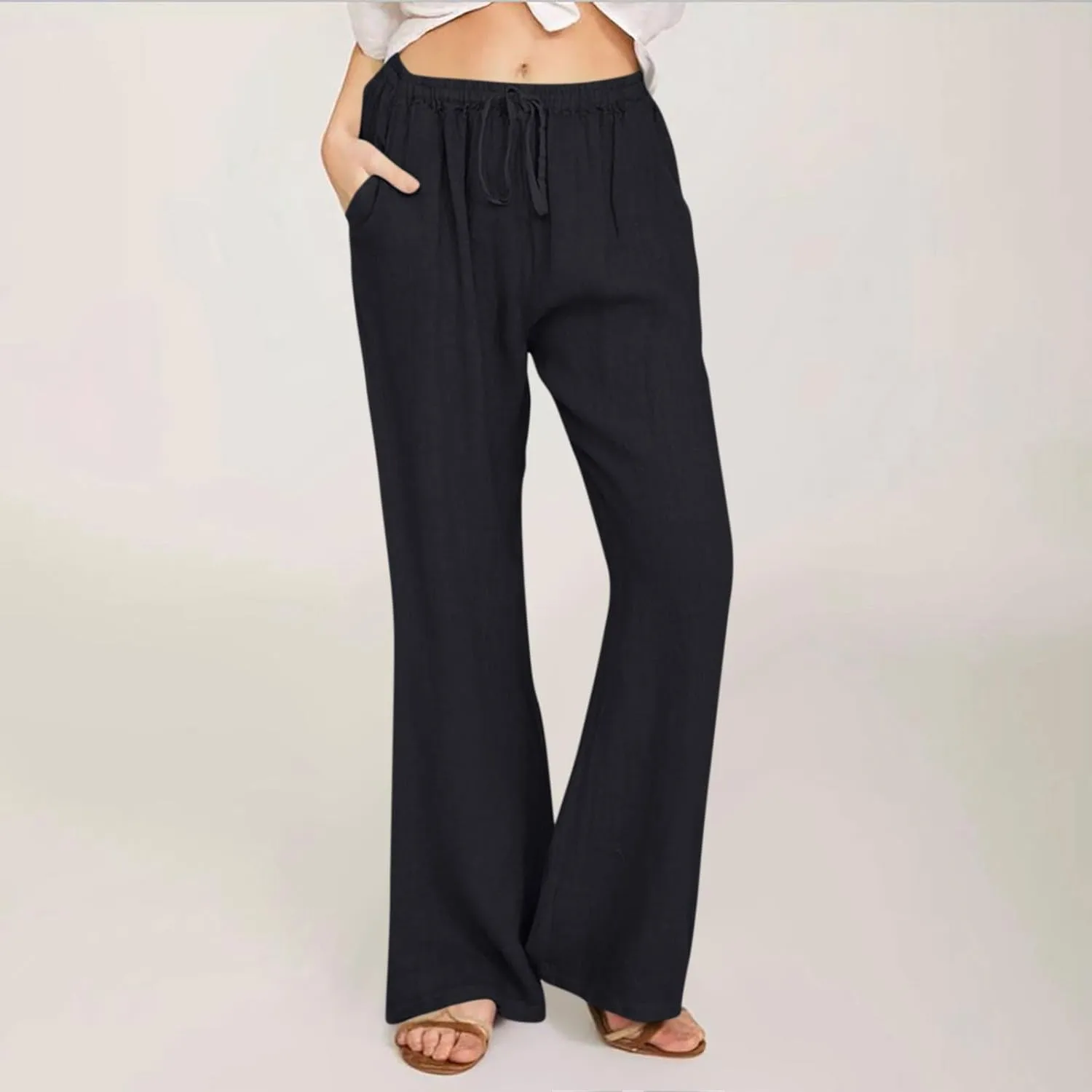 Linen Pants Women Cotton Linen Summer Palazzo Pants Flowy Wide Leg Beach Trousers Vacation Travel Pants with Pockets