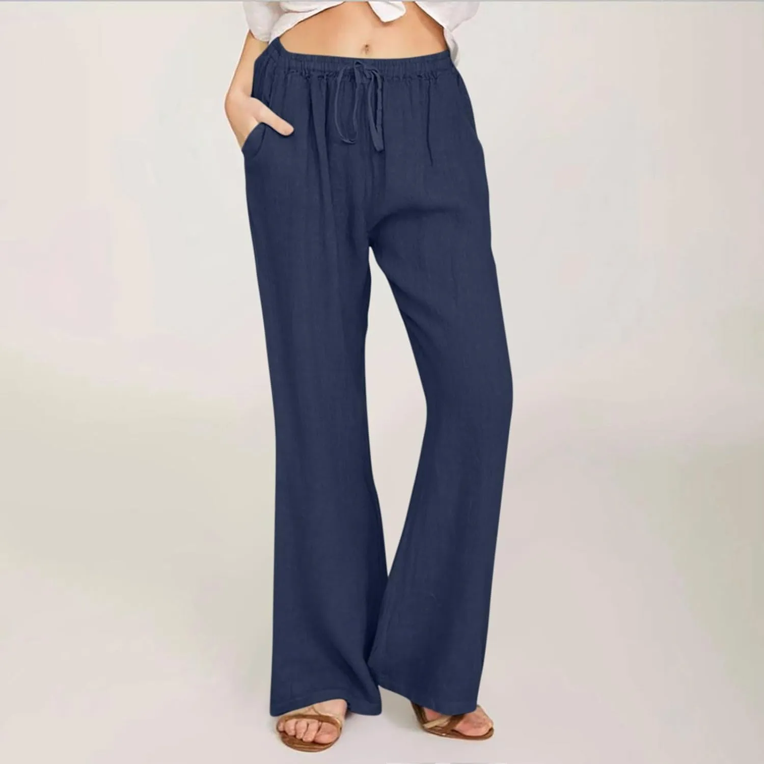 Linen Pants Women Cotton Linen Summer Palazzo Pants Flowy Wide Leg Beach Trousers Vacation Travel Pants with Pockets