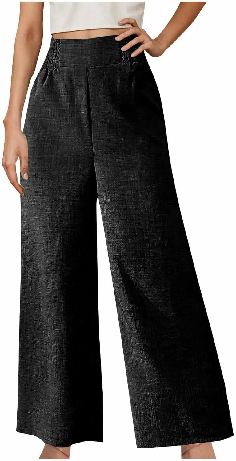 Linen Pants Women Loose Fit Summer High Waist Lounge Pants Plus Size Comfy Flowy Palazzo Trousers with Pockets 2025