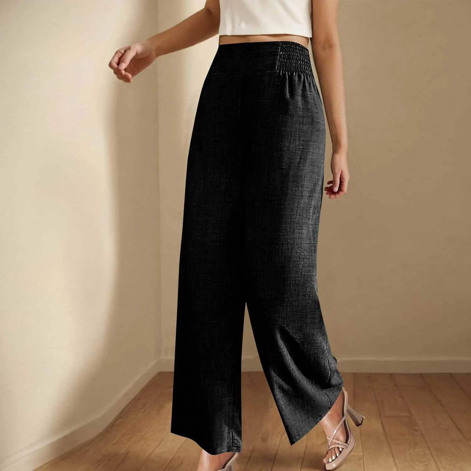 Linen Pants Women Loose Fit Summer High Waist Lounge Pants Plus Size Comfy Flowy Palazzo Trousers with Pockets 2025