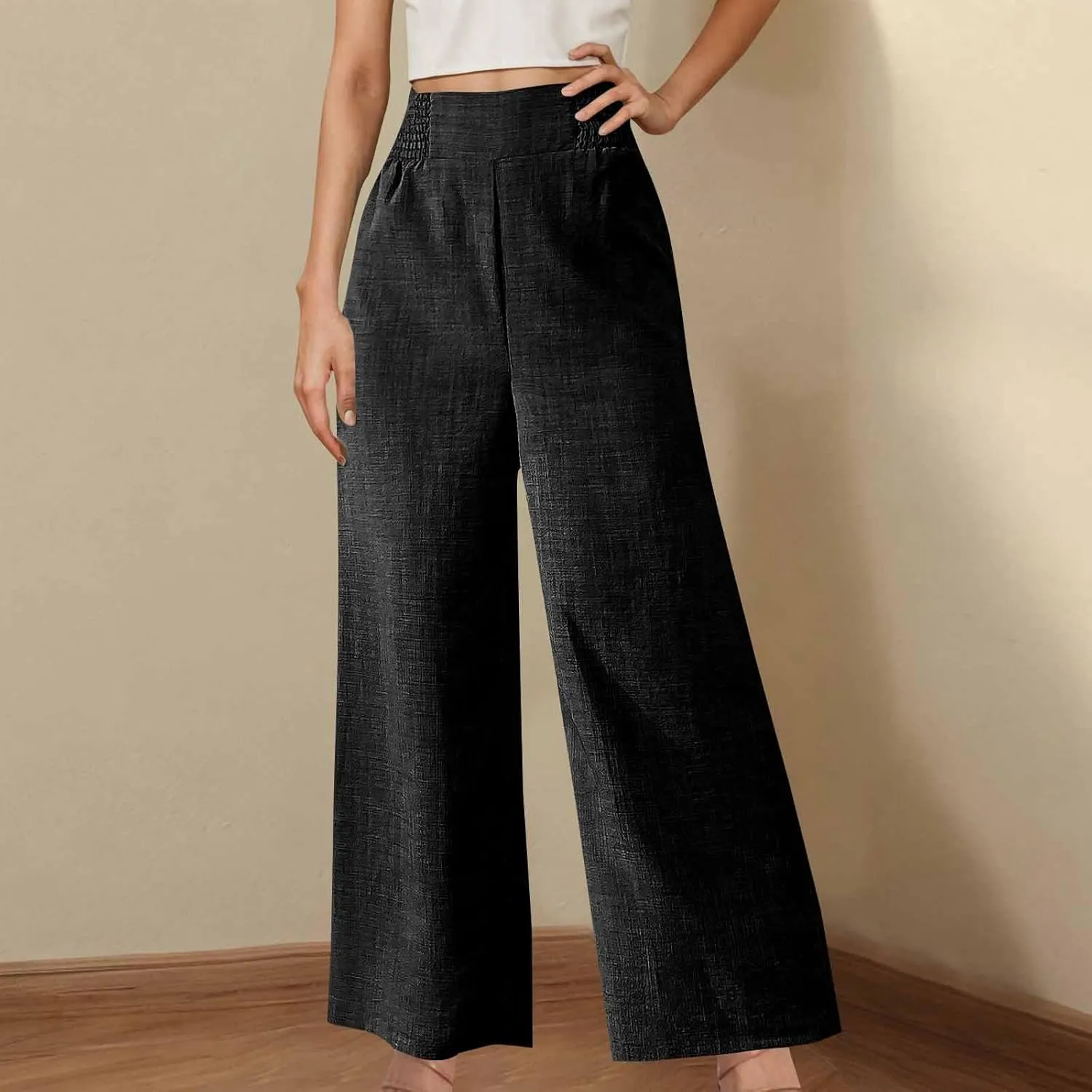 Linen Pants Women Loose Fit Summer High Waist Lounge Pants Plus Size Comfy Flowy Palazzo Trousers with Pockets 2025
