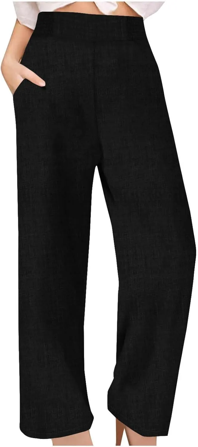Linen Pants Women Loose Fit Summer High Waist Lounge Pants Plus Size Comfy Flowy Palazzo Trousers with Pockets 2025