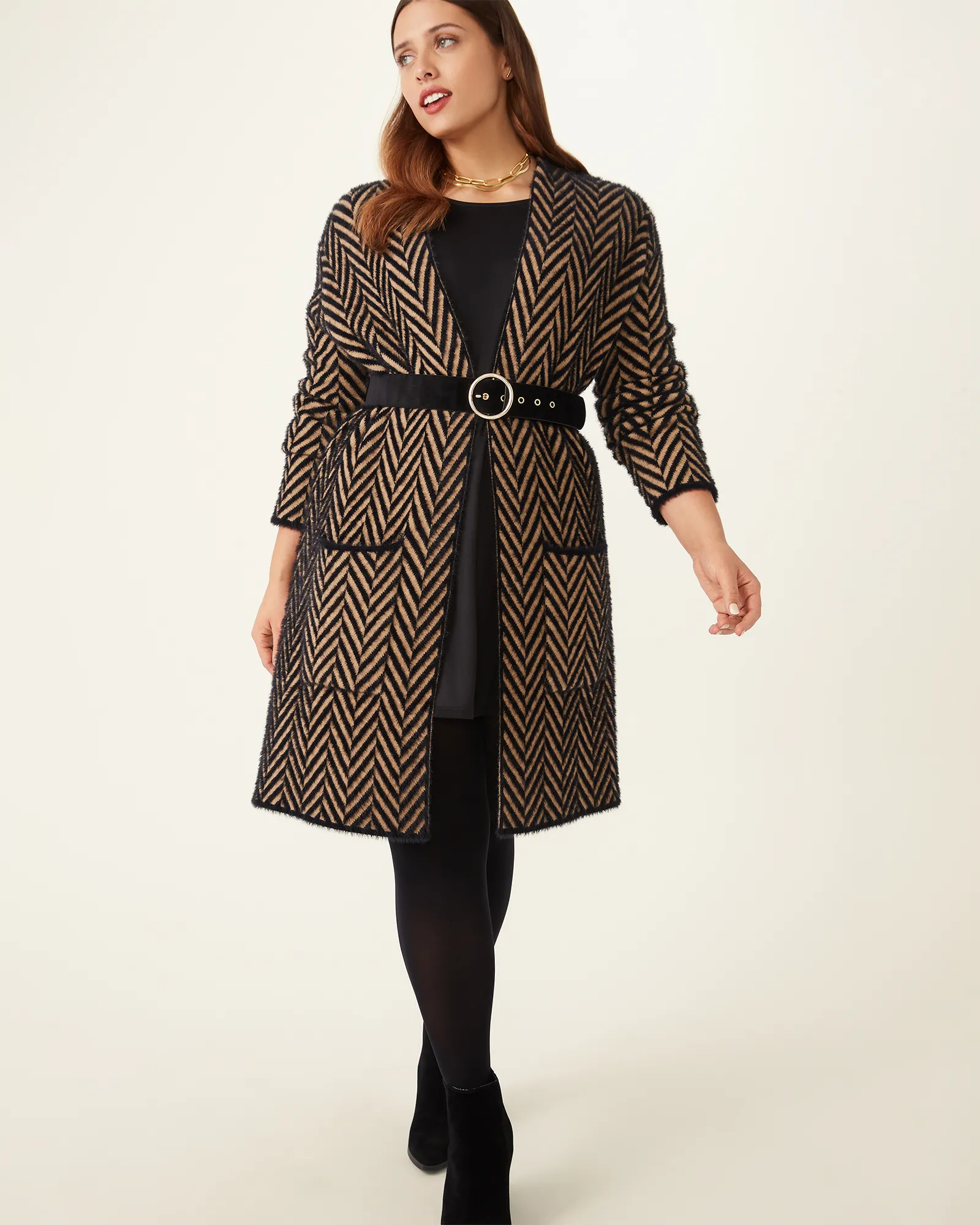 Lucy Herringbone Knit Cardigan | Black/Camel