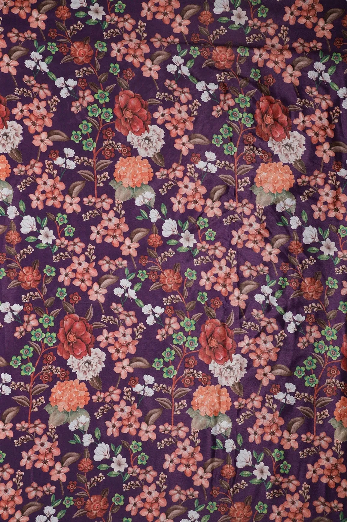 Multi Color Floral Pattern Digital Print On Purple Crepe Fabric