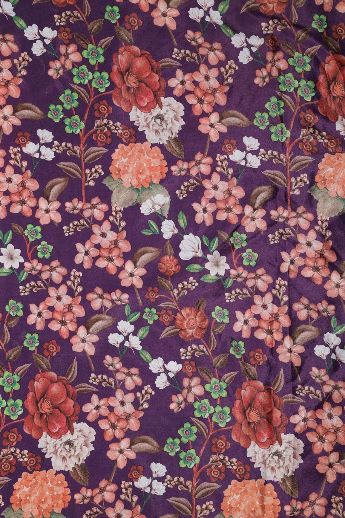 Multi Color Floral Pattern Digital Print On Purple Crepe Fabric