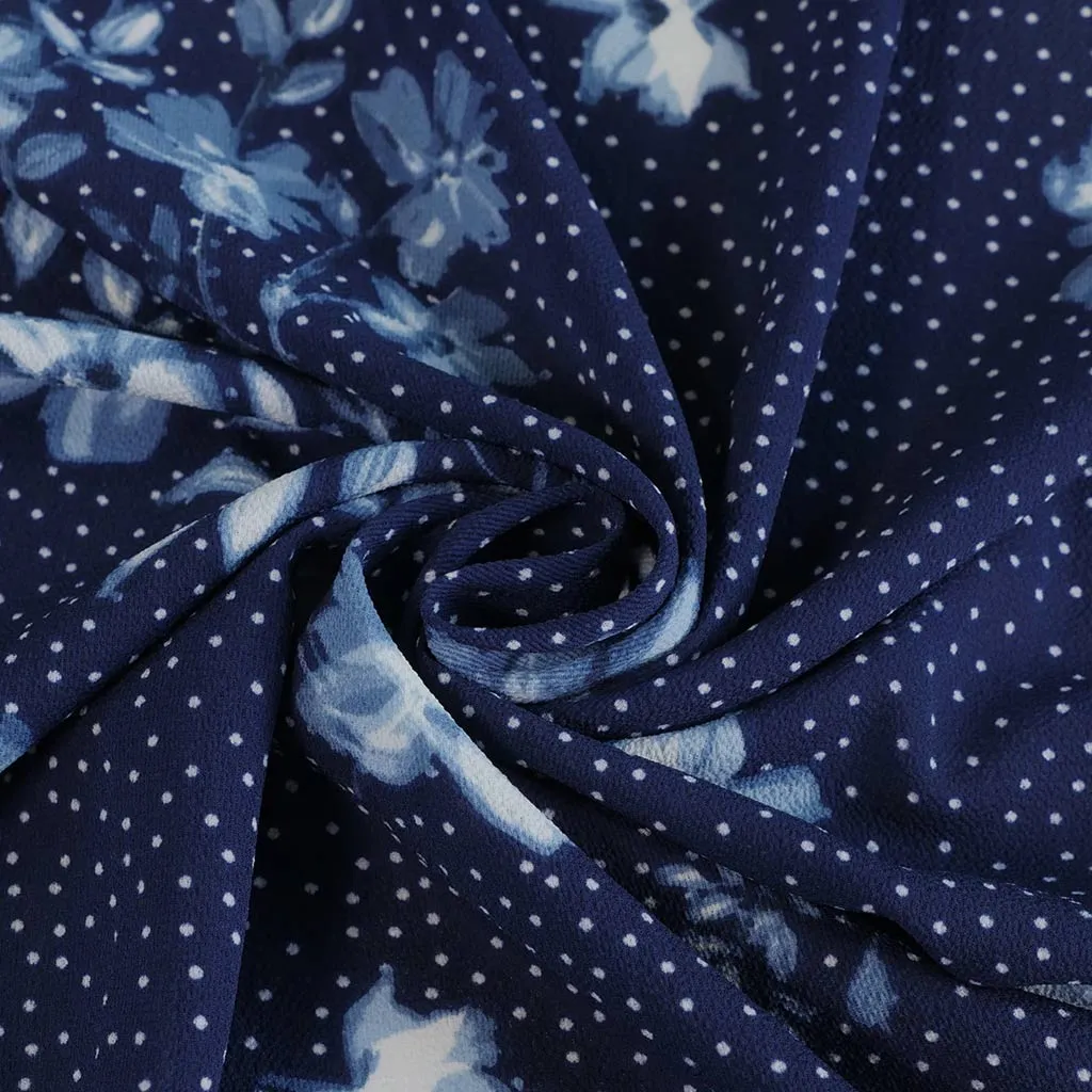 Niva - Blues Flowers and Dots Bubble Crepe Woven Fabric