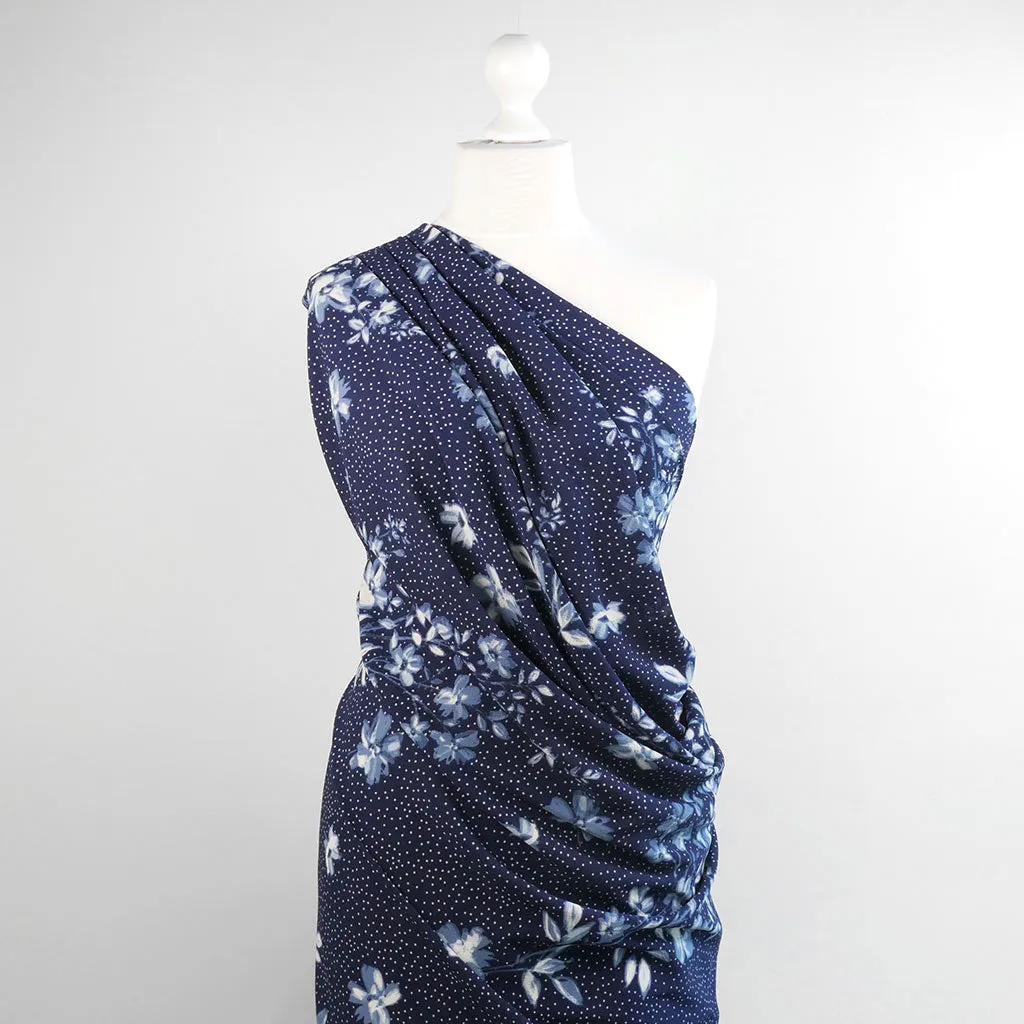 Niva - Blues Flowers and Dots Bubble Crepe Woven Fabric