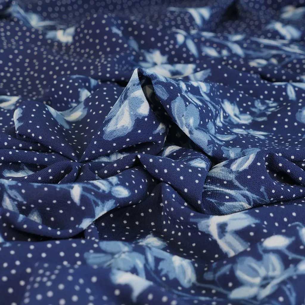 Niva - Blues Flowers and Dots Bubble Crepe Woven Fabric