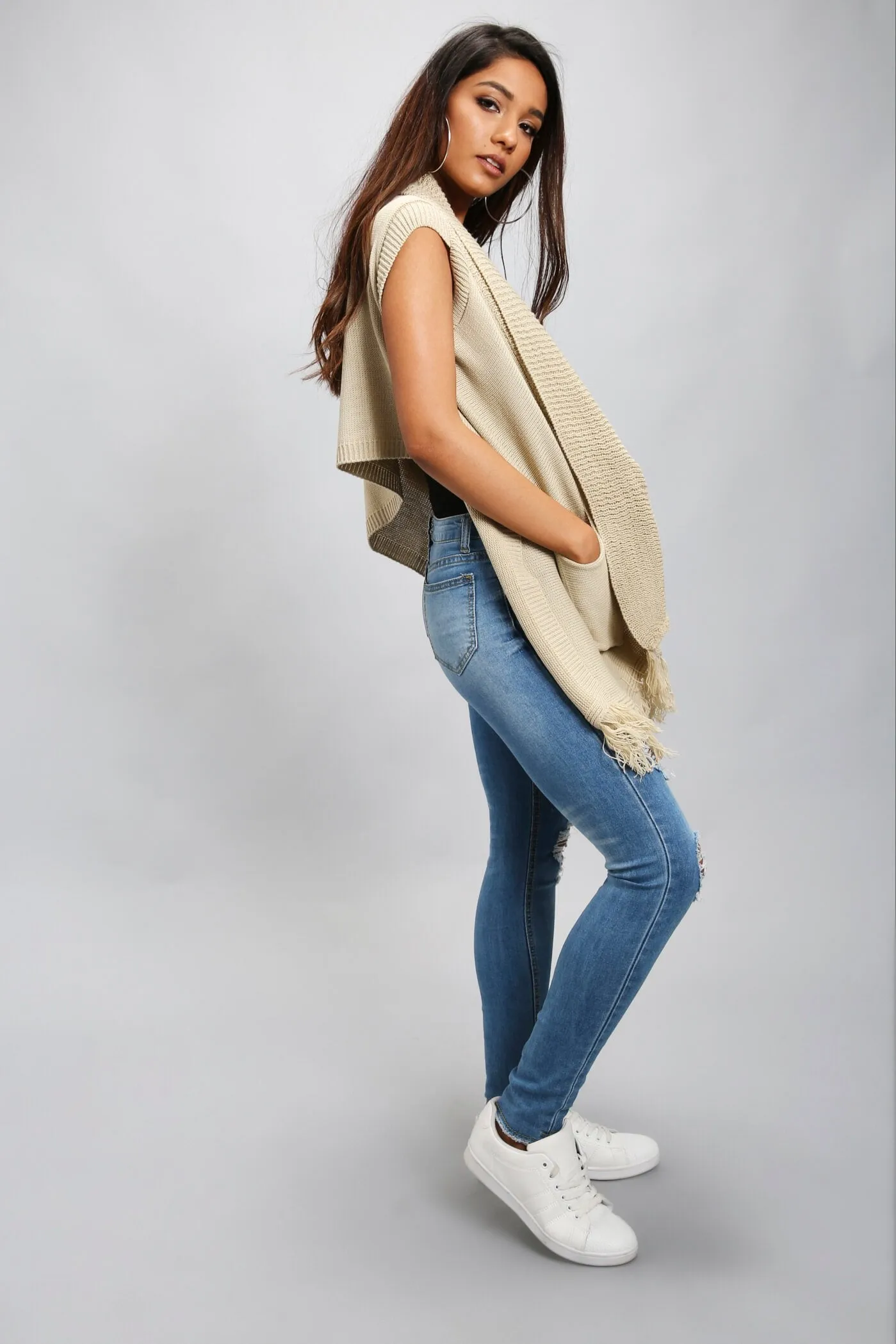 Oatmeal Fringe Knit Waistcoat Cardi