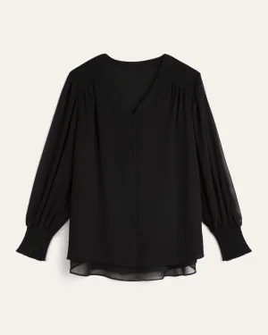 Olga Smocked Button-Down Blouse | Black