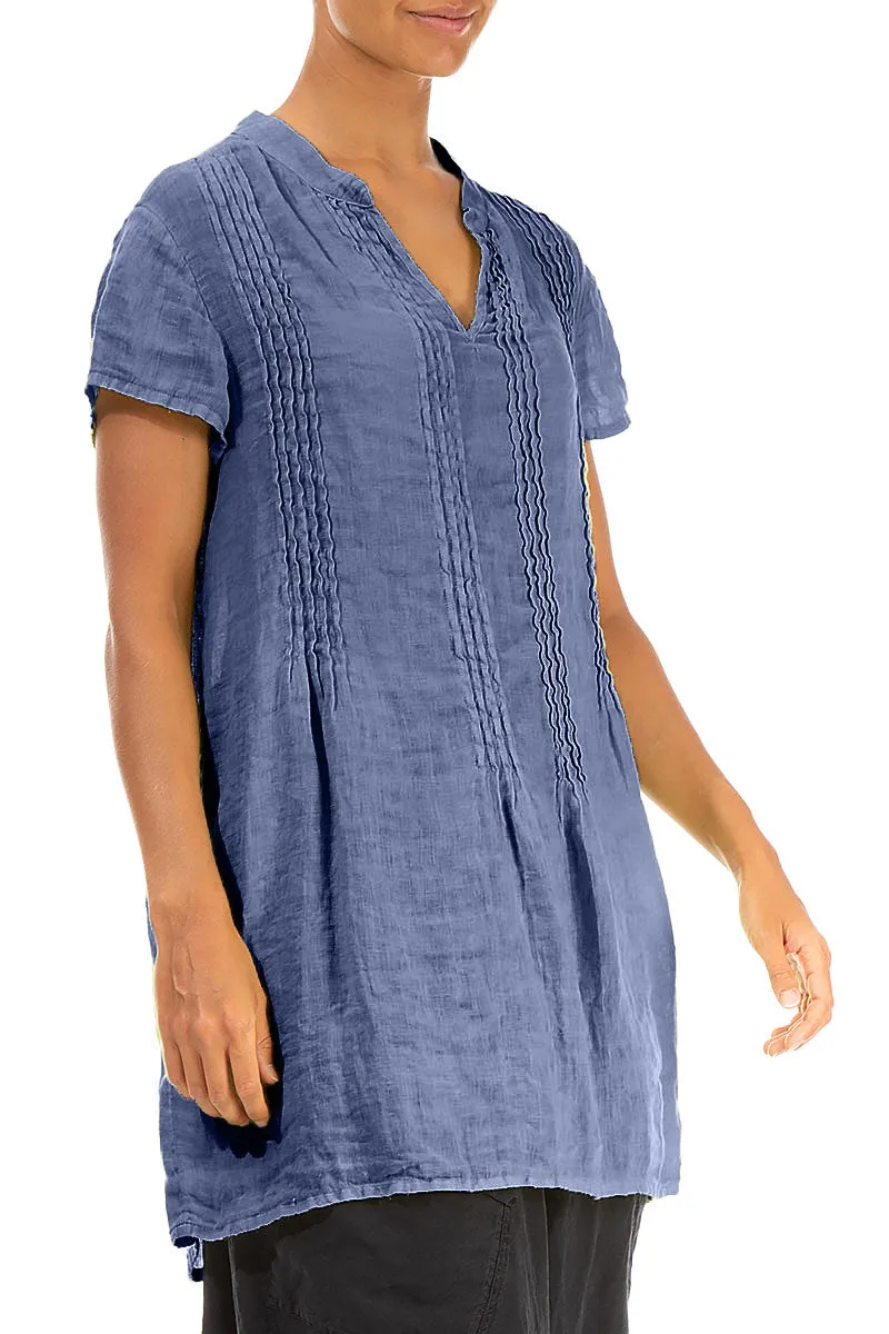 Pin-Tucked Blue Nova Gauze Linen Tunic
