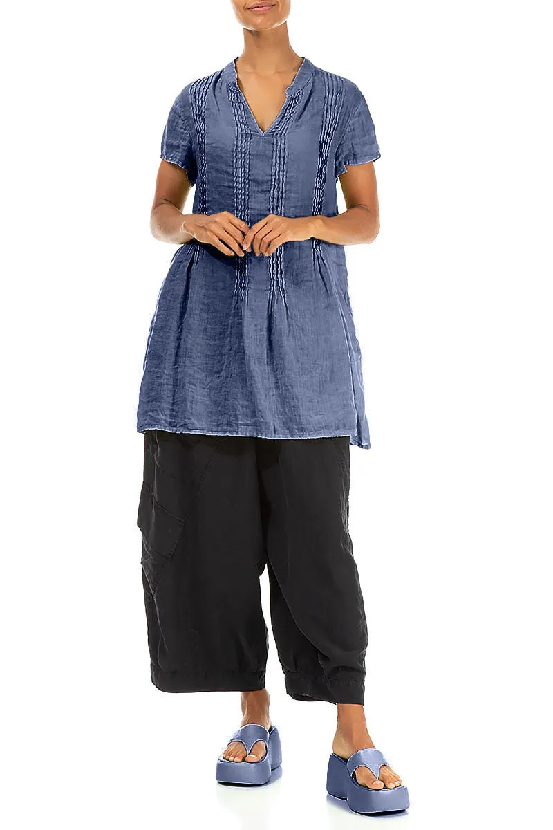 Pin-Tucked Blue Nova Gauze Linen Tunic