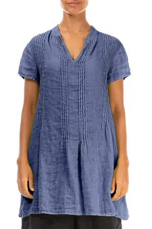 Pin-Tucked Blue Nova Gauze Linen Tunic