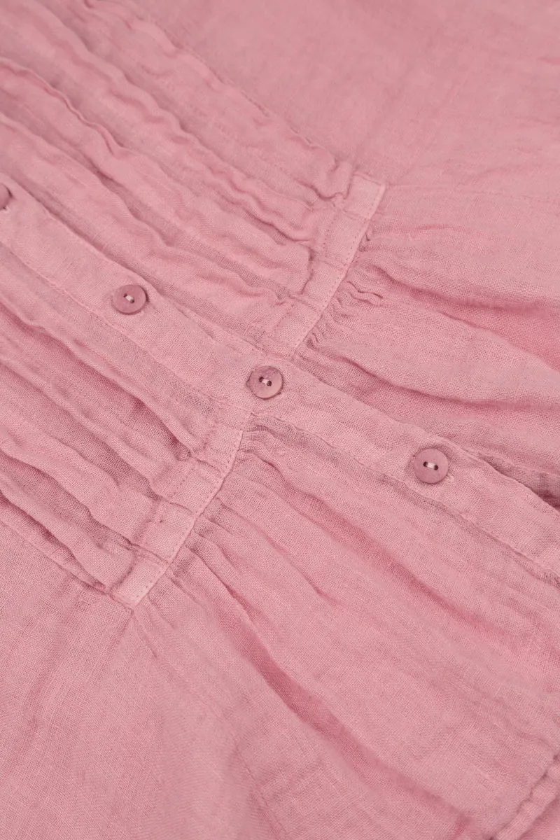 Pin Tucks Powder Pink Gauze Linen Shirt