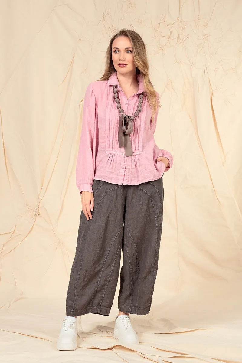 Pin Tucks Powder Pink Gauze Linen Shirt