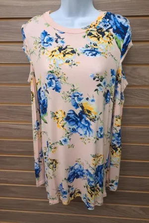 Pink Floral Cold Cap Shoulder Long Sleeve