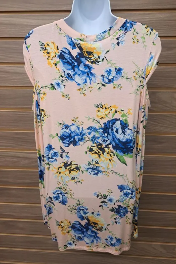 Pink Floral Cold Cap Shoulder Long Sleeve
