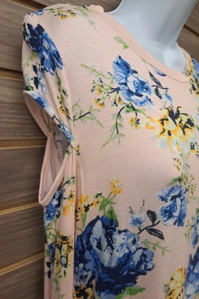Pink Floral Cold Cap Shoulder Long Sleeve