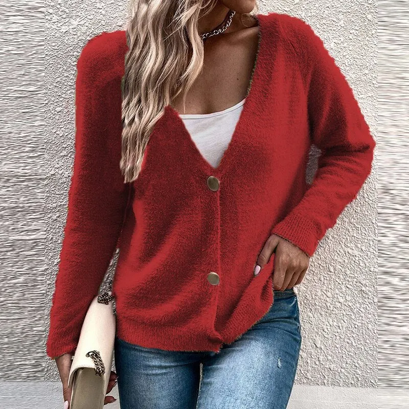 Purpdrank - Elegant Short Knitted Cardigans For Women Autumn Winter Long Sleeve Button Jacket Women Fashion Solid Coat Tops