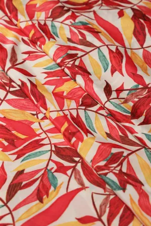 Red And Yellow Leafy Pattern Digital Print On White Crepe Fabric