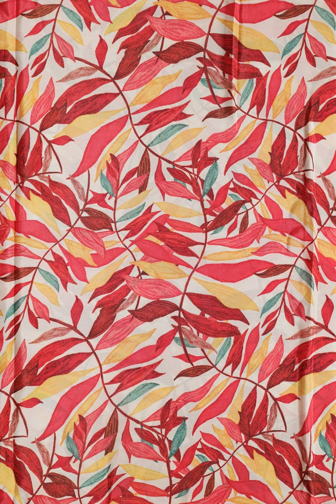 Red And Yellow Leafy Pattern Digital Print On White Crepe Fabric