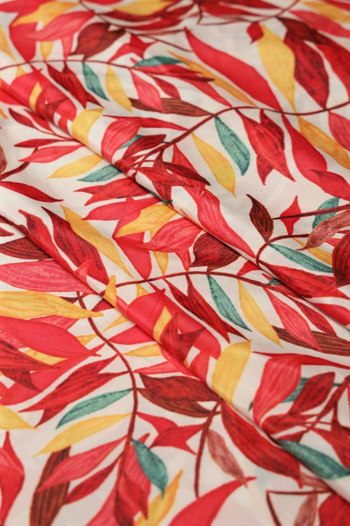 Red And Yellow Leafy Pattern Digital Print On White Crepe Fabric