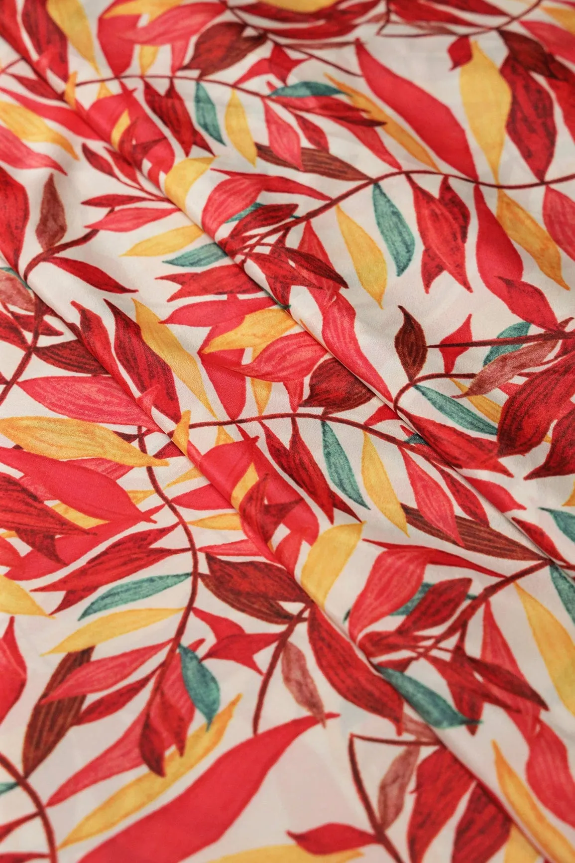 Red And Yellow Leafy Pattern Digital Print On White Crepe Fabric