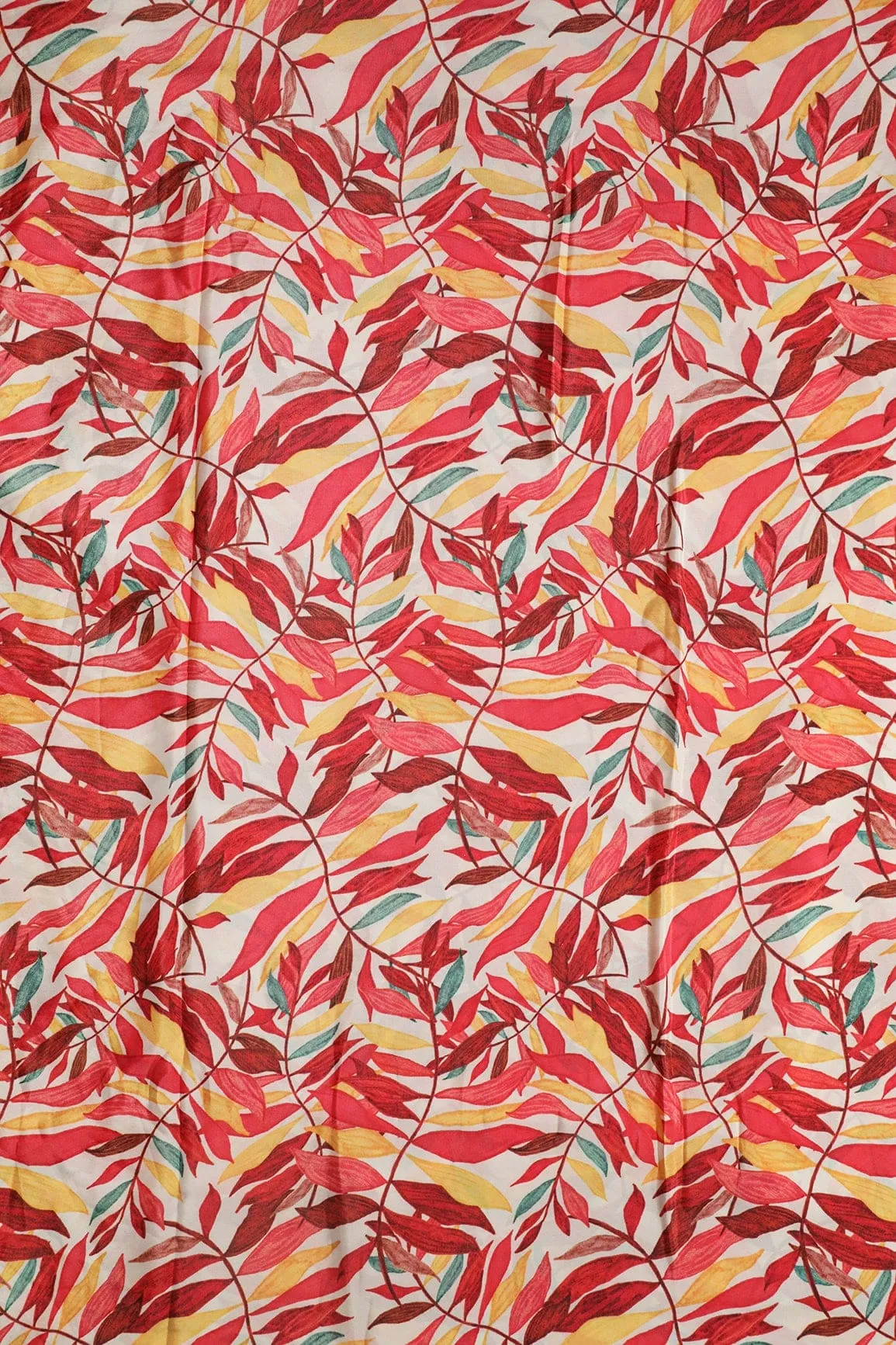 Red And Yellow Leafy Pattern Digital Print On White Crepe Fabric