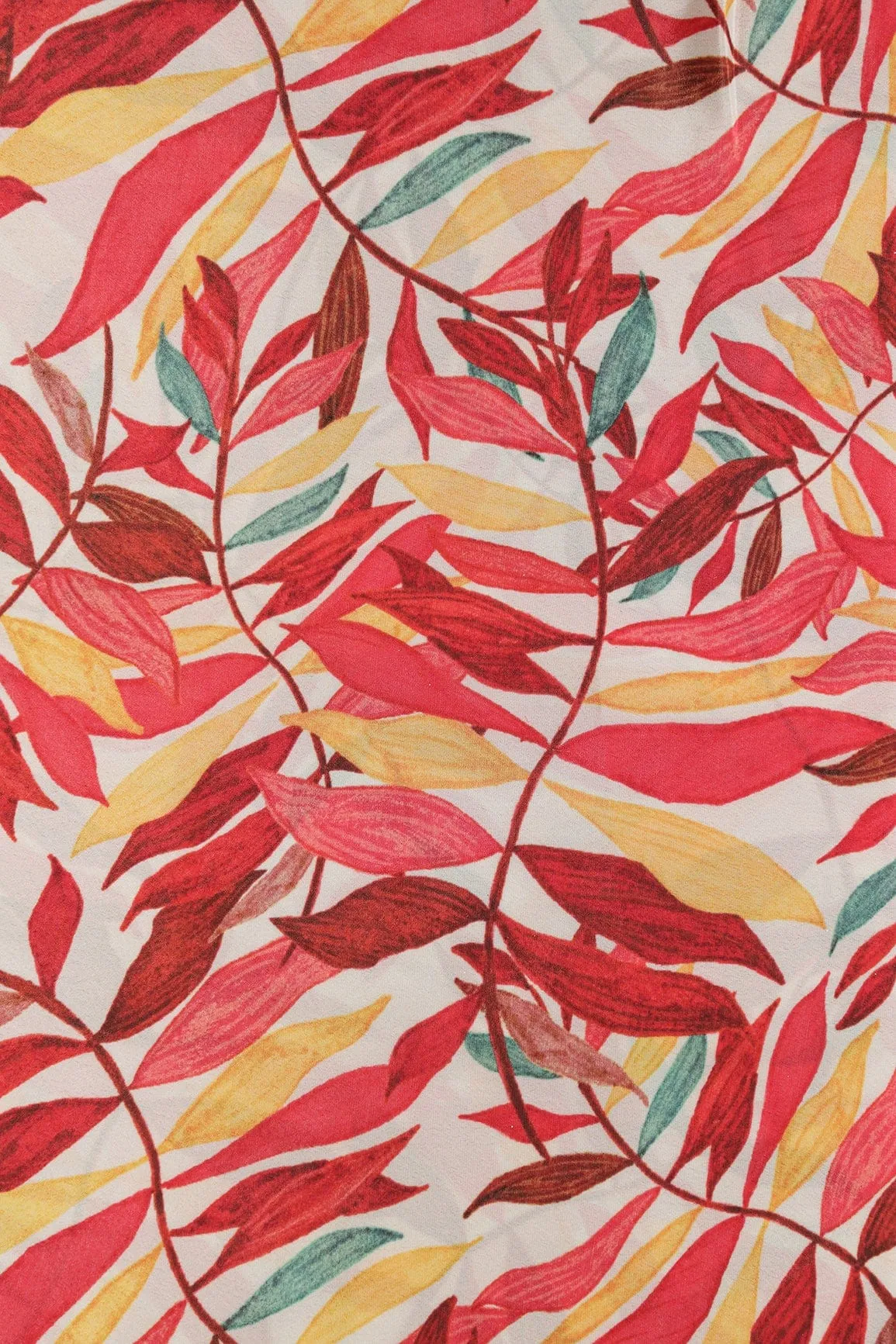 Red And Yellow Leafy Pattern Digital Print On White Crepe Fabric
