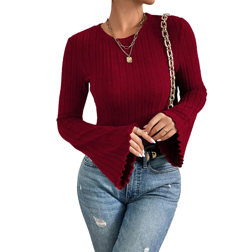 Round Neck Trumpet Sleeve Burgundy Tops Sweaters Wholesale Womens Clothing N3824070500031
