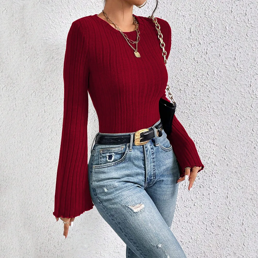 Round Neck Trumpet Sleeve Burgundy Tops Sweaters Wholesale Womens Clothing N3824070500031