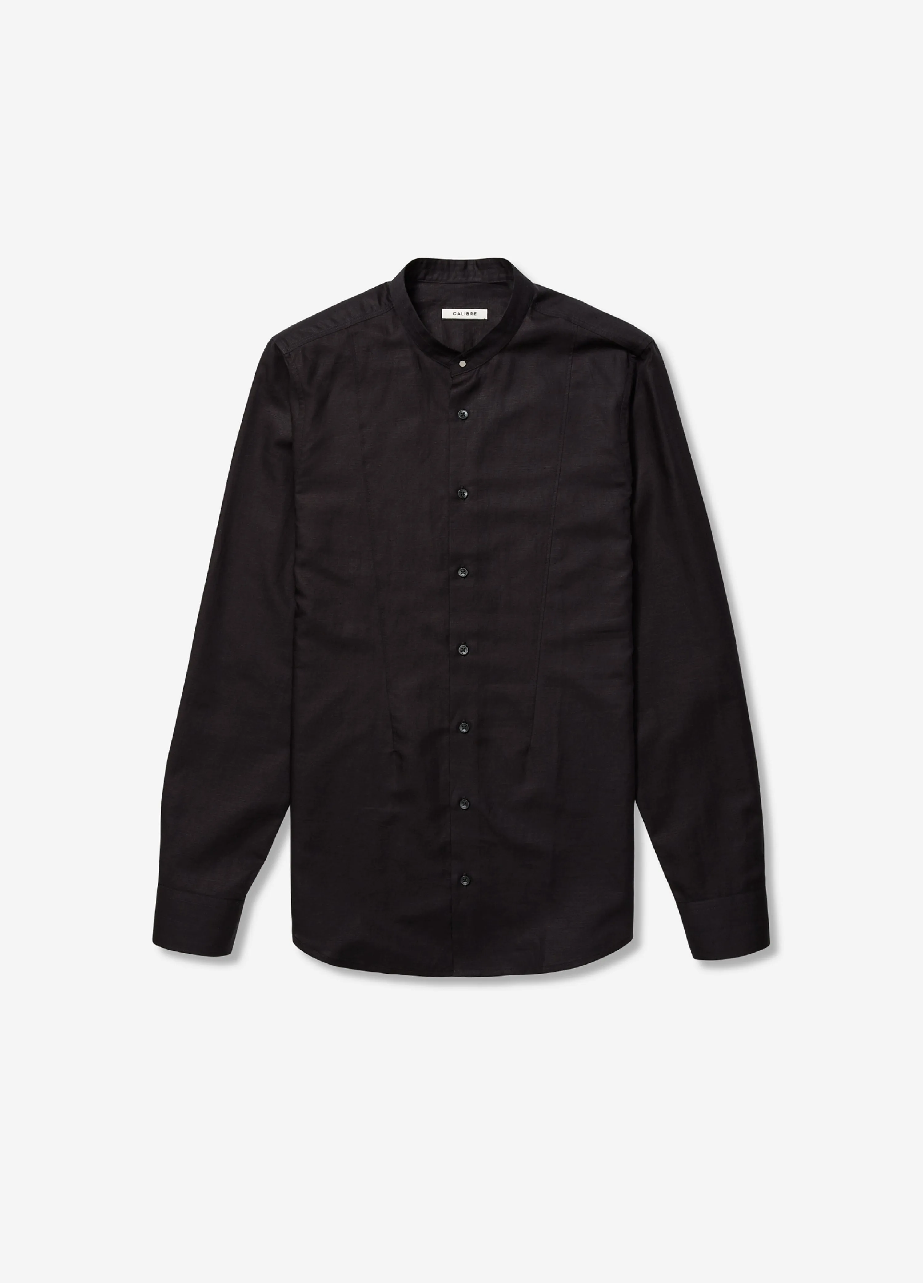 Tailored-Fit Cotton Linen Stand Collar Shirt Black