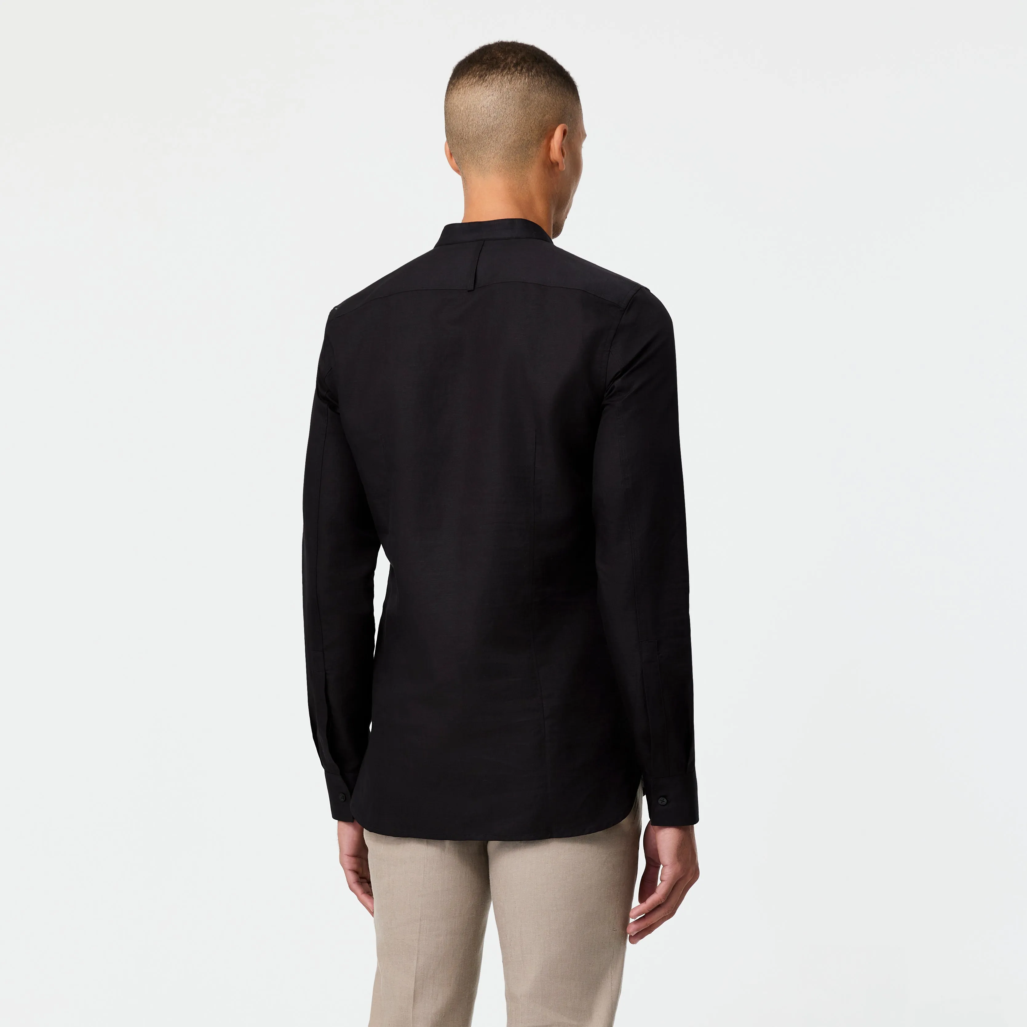 Tailored-Fit Cotton Linen Stand Collar Shirt Black