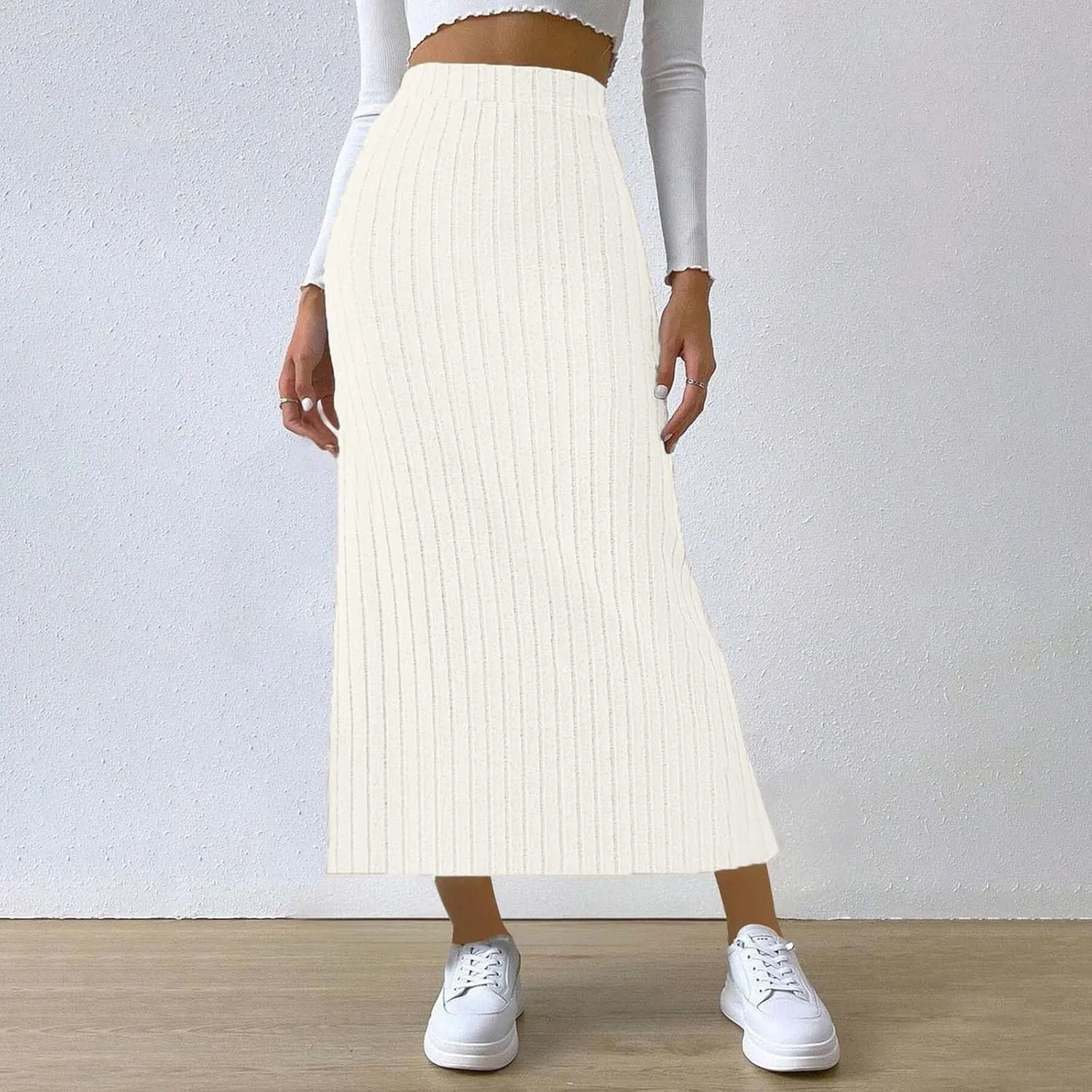 Texture Maxi Skorts for Women Ribbed Knitted Stretch Bodycon High Waist Pencil Skirts Casual Solid Side Split Skirt