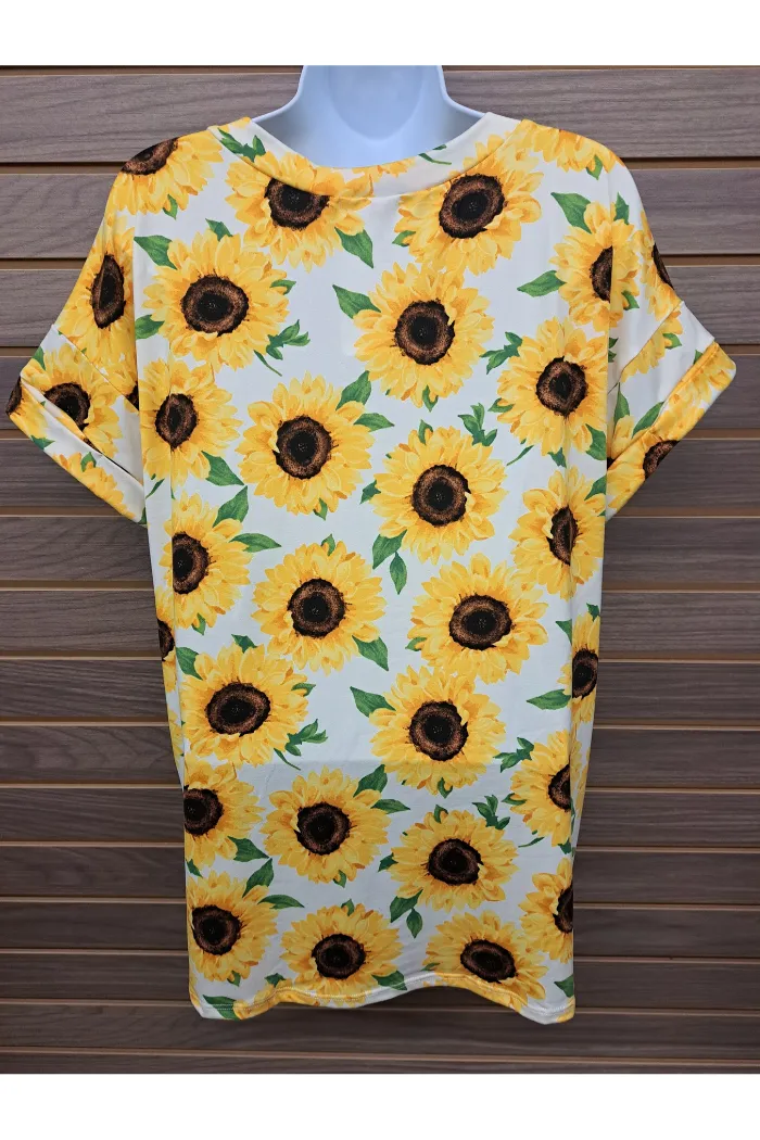 V neck Sunflower roll up sleeve w/front pocket