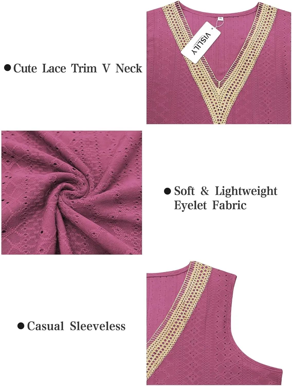 VISLILY Women's-Plus-Size-Summer-Tank-Tops Lace Trim Deep V Neck Shirts Cute Sleeveless Tunics Trendy Eyelet Blouses XL-5XL