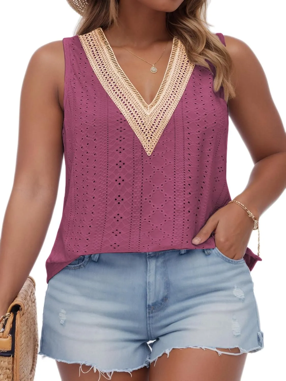 VISLILY Women's-Plus-Size-Summer-Tank-Tops Lace Trim Deep V Neck Shirts Cute Sleeveless Tunics Trendy Eyelet Blouses XL-5XL