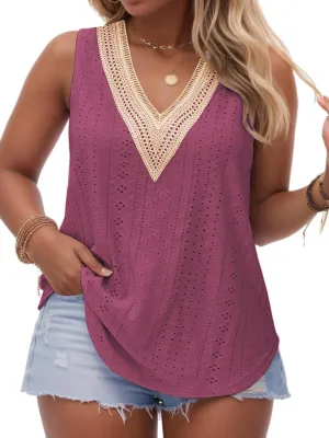 VISLILY Women's-Plus-Size-Summer-Tank-Tops Lace Trim Deep V Neck Shirts Cute Sleeveless Tunics Trendy Eyelet Blouses XL-5XL