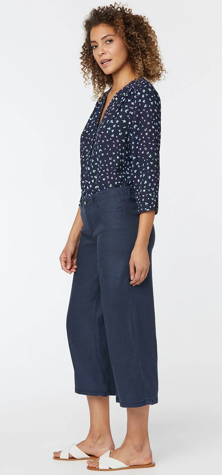 Wide Leg Crop Navy Stretch Linen | Oxford Navy