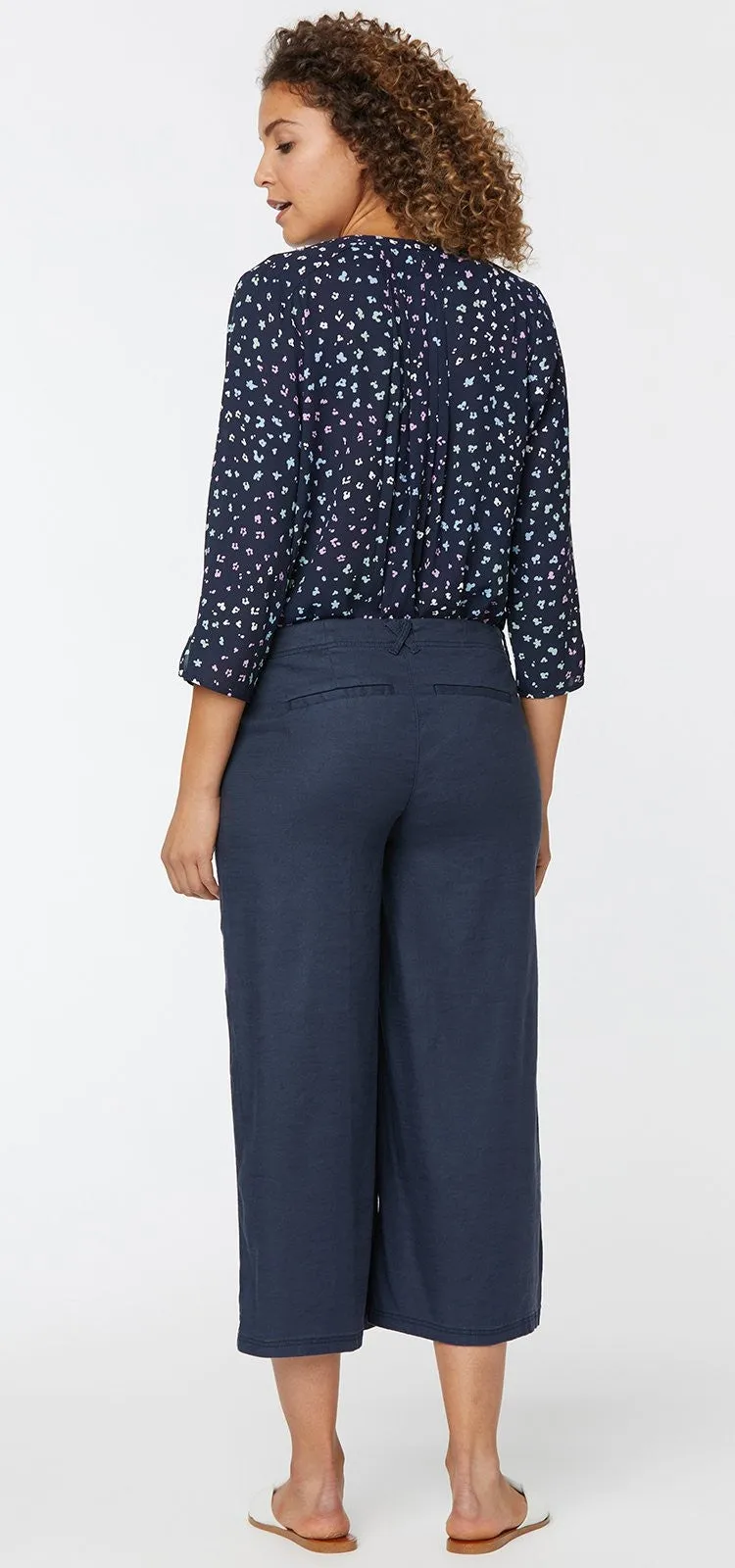 Wide Leg Crop Navy Stretch Linen | Oxford Navy