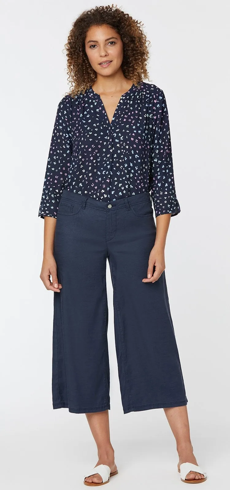 Wide Leg Crop Navy Stretch Linen | Oxford Navy