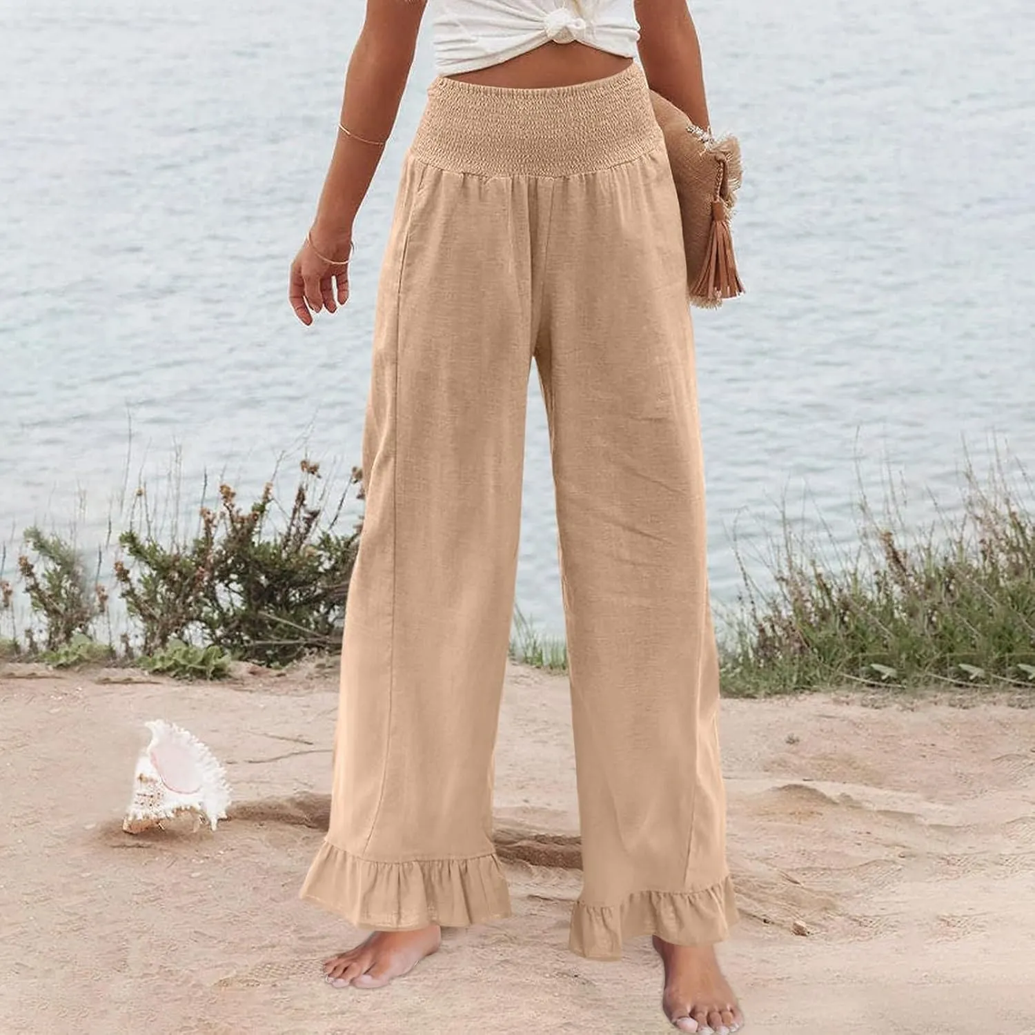 Wide Leg Linen Pants for Women Ruffled Hem Smocked Waist Flowy Beach Pants with Pockets Casual Loose Lounge Trousers
