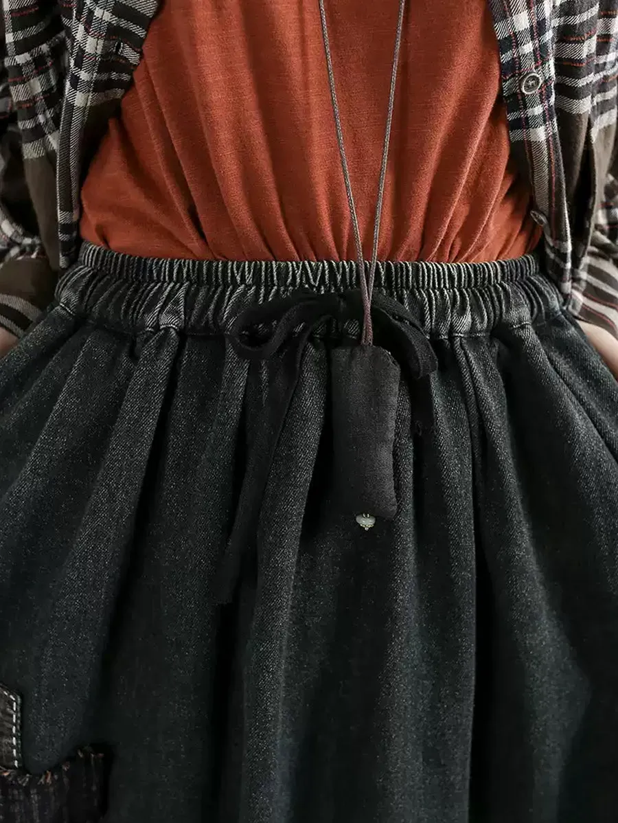Women Autumn Casual Patch A-Shape Denim Skirt