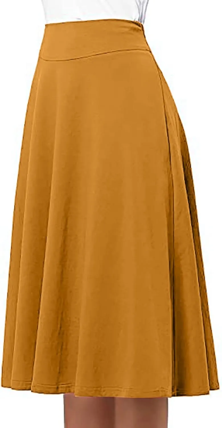 Women's Elastic High Waist Midi Skirt Solid Color Casual Skirt Plus Size Loose Beach Skirt with Pockets